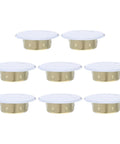 Eight Piece Heavy Duty Iron Fire Sprinkler Cover Plate With Slick Drop In Ready Design For Seamless Ceiling Installation And Clean Home Safety Shield Guard Setup displayed in a grid, featuring white tops and gold bases.