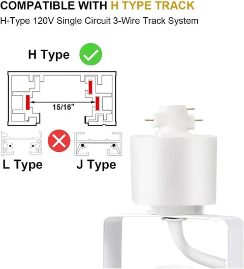 Diagram showing H Type track compatibility for 12 Pack 10W LED Track Lighting Heads With Adjustable Beam For Accent Artwork And Retail Displays