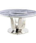 Turn Up Your Hosting Game With This Six Piece Round White Marble Dining Set Featuring A Smooth Lazy Susan Silver Stainless Steel Base And Four Plush Charcoal Velvet Seats For A Straightup Flex Setup. Round white marble table with silver stainless steel base and lazy Susan.