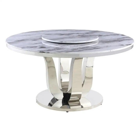 Turn Up Your Hosting Game With This Six Piece Round White Marble Dining Set Featuring A Smooth Lazy Susan Silver Stainless Steel Base And Four Plush Charcoal Velvet Seats For A Straightup Flex Setup. Round white marble table with silver stainless steel base and lazy Susan.