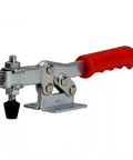 Heavy Duty Horizontal Toggle Clamp Metal Plunger Push Pull Fixture For Welding And Garage Builds Sweet Tight Grip Angled Handle Design No Sweat Adjustment One Pack, featuring red handle.