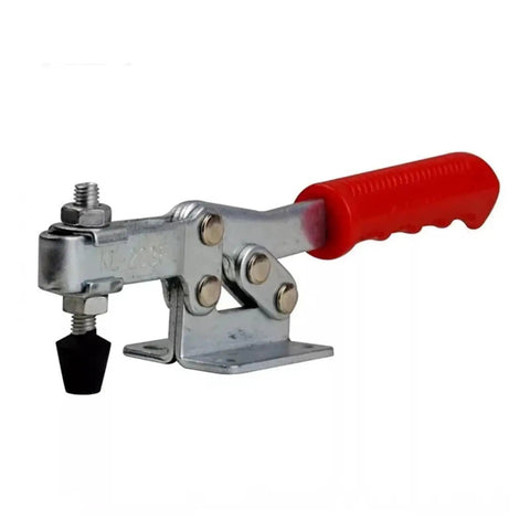 Heavy Duty Horizontal Toggle Clamp Metal Plunger Push Pull Fixture For Welding And Garage Builds Sweet Tight Grip Angled Handle Design No Sweat Adjustment One Pack, featuring red handle.