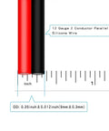 Close-up of 12 Gauge Flexible 2 Conductor Parallel Silicone Wire Spool Red Black 100 Ft near a ruler for size reference.