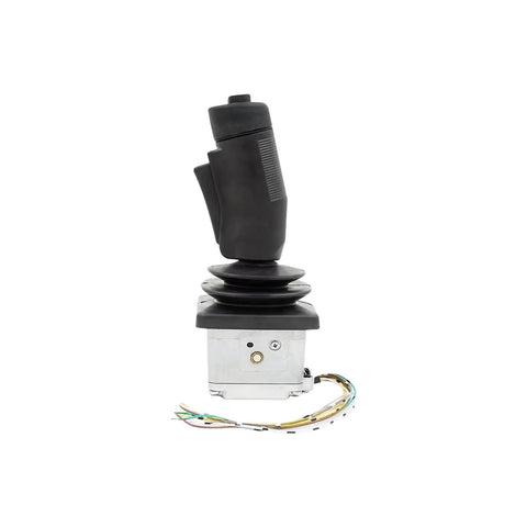 Slick Vertical Mast Lift Joystick Controller Replacement Part 894575 For Manitou Telehandlers, ergonomic black handle with wiring.
