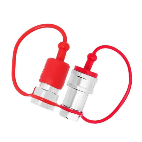 Unlock The Full Potential With These Two Sets Of Heavy Duty Hydraulic Quick Connect Couplers Covering 1/4 3/8 And 1/2 Inch Npt Sizes With Dust Safety Caps To Keep Debris Out Secure And Stable Fits For Pump Tractor Systems Easy Snap Install Saves Cash For. Two red-capped hydraulic couplers with dust caps