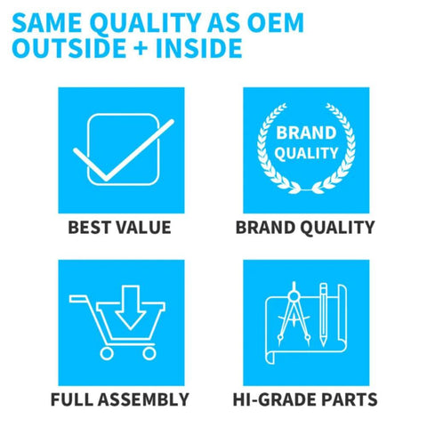 Image showing quality assurance icons for wheel hub and bearing assembly, highlighting best value, brand quality, full assembly, and high-grade parts.