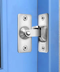 90 Degree Right Angle Gate Latches For Barn Doors Windows Garden Gates Cabinets And Sliding Doors Durable Stainless Steel With Welded Seal And Thickened Reinforced Base Corrosion Resistant Finish For Long Lasting Security installed on a blue door with screws visible