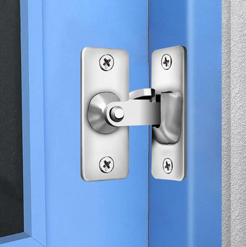 90 Degree Right Angle Gate Latches For Barn Doors Windows Garden Gates Cabinets And Sliding Doors Durable Stainless Steel With Welded Seal And Thickened Reinforced Base Corrosion Resistant Finish For Long Lasting Security installed on a blue door with screws visible