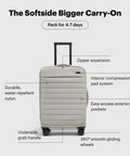 Softside Bigger Carry On Luggage 23 Inch Expandable With Spinner Wheels in Cloud Gray, detailed view with features labeled