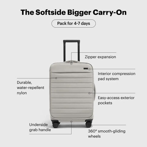 Softside Bigger Carry On Luggage 23 Inch Expandable With Spinner Wheels in Cloud Gray, detailed view with features labeled