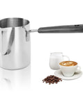 Turkish Coffee Pot And Milk Frothing Jug 21oz 600ml Stainless Steel Toroid Pitcher With Long Handle next to coffee and milk