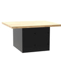 Heavy Duty Black Steel And Hardwood Top Workbench Boasting Eight Padlockable Locker Cabinets, features sturdy black base with wooden top.