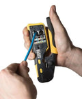 Hands using Ratcheting Modular Data Cable Crimper Wire Stripper And Cutter For RJ11 RJ12 RJ45 Pass-Thru Connectors All In One Tool