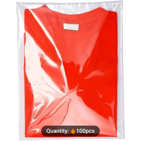 100 Pack Clear 9x12 Inch Self Adhesive Plastic Bags For Packaging Clothes And T Shirts Peel And Seal Pro Grade Cellophane Bags With Strong Seal For Retail Display And Gift Wrapping showcasing a red folded shirt inside.