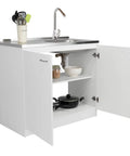 Utility Sink Base Cabinet With Integrated Stainless Steel Countertop Freestanding Cabinet With Double Doors And Built In Sink Heavy Duty Storage And Easy Cleanup With Ample Interior Shelf shown open