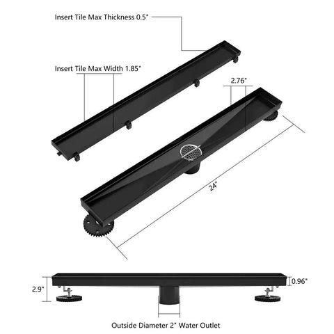24 Inch Linear Shower Drain With Reversible 2-In-1 Tile Insert Cover In Matte Black SUS304 Stainless Steel Includes Hair Strainer Fits Standard 2-Inch Plumbing Invisible Design For Tile Or Flat Panel