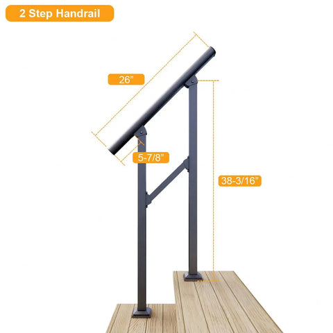 2 step handrail demonstration, measurements 26" and 38-3/16", black iron design for indoor or outdoor porch use, front view