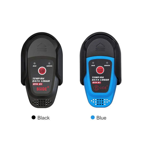 No Stress Plug And Play Temperature And Humidity Data Logger For Seamless Warehouse Tracking With Dead Nuts Accuracy And Breezy Pdf Graph Export Tools Built Different; two units in black and blue colors.