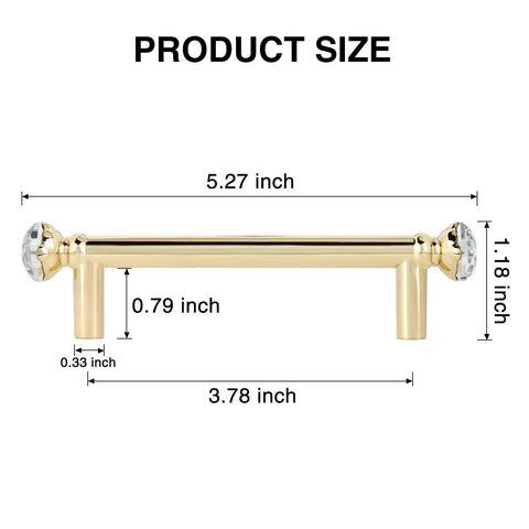 Image of Gold Crystal Drawer Pulls 4 Pack, 5 Inch Cabinet Handles With 3-3/4 Inch Center To Center Mounting, showing dimensions.