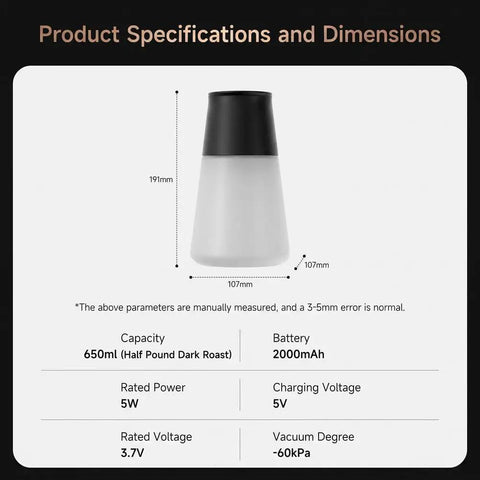 Product specifications for Keep Your Morning Brew Fresh As Heck With This Game Changing Smart Vacuum Sealed Coffee Canister.
