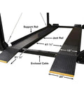 Close-up of the support and jack rail of the Weekend Warrior 4 Post Car Stack Lift, showing dimensions and enclosed cable details.