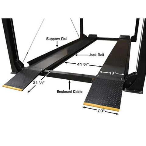 Close-up of the support and jack rail of the Weekend Warrior 4 Post Car Stack Lift, showing dimensions and enclosed cable details.