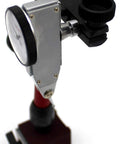 KHCRAFT mini magnetic base indicator holder side view with dial indicator, silver body, black clamp, red base