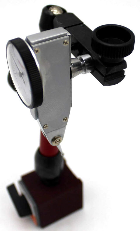 KHCRAFT mini magnetic base indicator holder side view with dial indicator, silver body, black clamp, red base