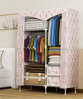 Solid Portable Bedroom Closet With Willow Wood Frame And Thick Non Woven Fabric Storage Organizer For Hanging Clothes And Quilts, pink design, ample storage.