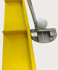 MS3 Model Golf Putting Training Aid with putter and golf ball, showing precise arc guide in golden yellow for smooth stroke practice.