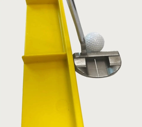 MS3 Model Golf Putting Training Aid with putter and golf ball, showing precise arc guide in golden yellow for smooth stroke practice.