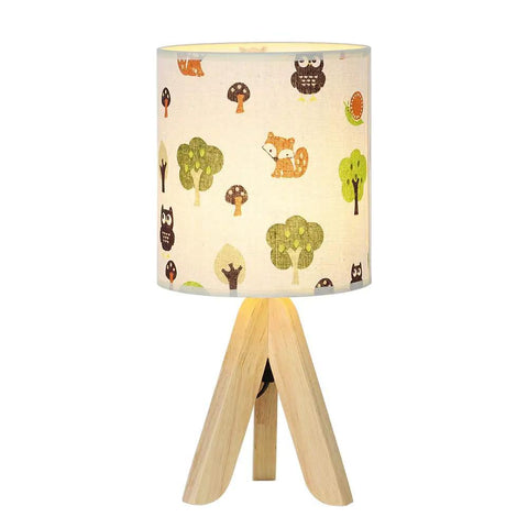 Tripod Table Lamp For Kids Bedroom Nightstand With Kid Friendly Cartoon Linen Lampshade, Wood Tripod Base, Compact Desk Light for Reading