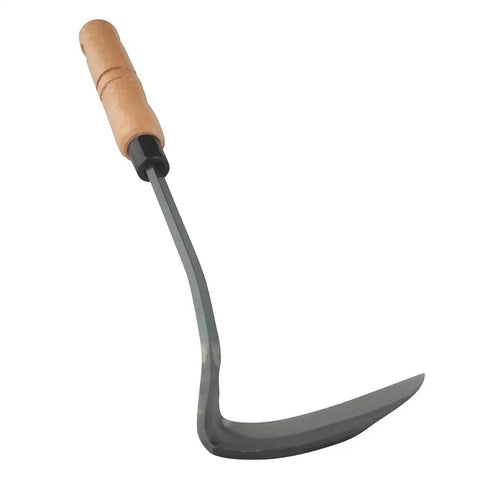 Japanese Nejiri Kama Weeding Sickle For Gardeners with wooden handle and sharp steel blade, side view
