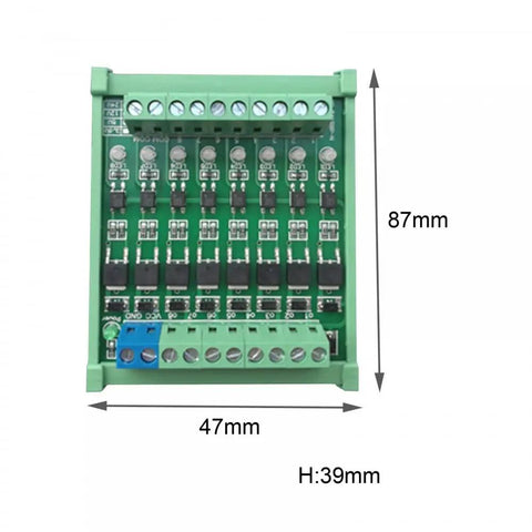 8-Channel PLC Amplifier Board With Optocoupler Isolation For NPN Signals, DC 3.3V/5V Input, DIN Rail Mountable, dimensions view