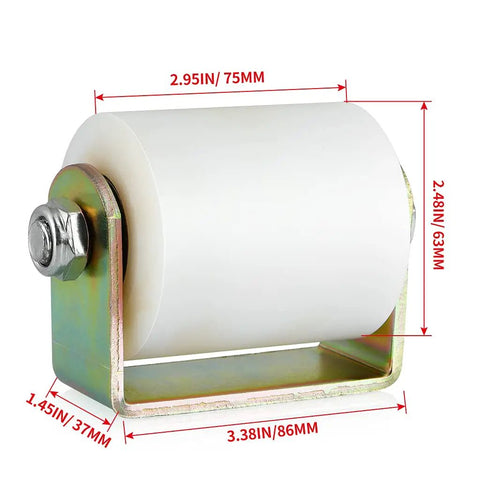 Front view of a two-pack slide gate guide roller for 3 inch gates, UHMW nylon roller with C bracket, post welded assembly.