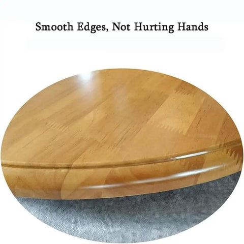 Close-up of smooth edges on a huge 30 inch solid wood lazy Susan turntable for dining tables with eco-friendly teak finish.