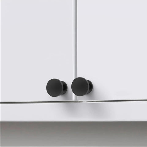 Installed 10 Pack 1-1/5 Inch (30mm) Cabinet Knobs Matte Black For Cabinets, Dresser, And Kitchen Drawers, durable hardware.