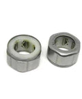 Two 10x16x12 mm one-way needle roller bearings with steel cage guides for low-profile axial load, reducing friction and noise.