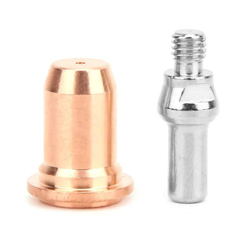 Pro Plasma Torch Consumables Kit Featuring 10 Red Copper Electrodes And 10 Tip Nozzles For Professional Cutter Maintenance showing a copper nozzle and connector.