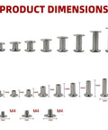 Top Shelf Nickel Plated Chicago Screws, 110 Piece Assorted Kit dimensions showing sizes for leather crafting and repairs.