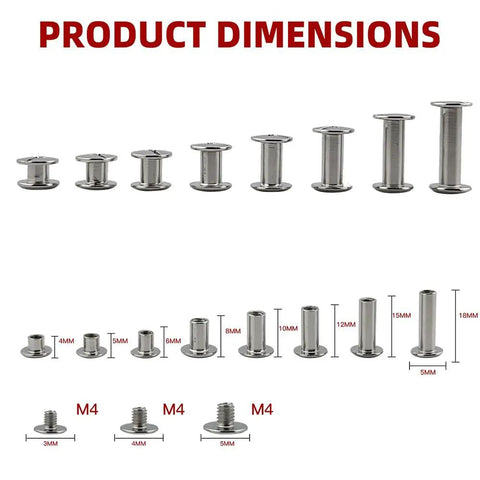 Top Shelf Nickel Plated Chicago Screws, 110 Piece Assorted Kit dimensions showing sizes for leather crafting and repairs.