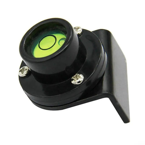 Close-up of a black bubble level for tower ruler, featuring green liquid vial and durable metal construction.