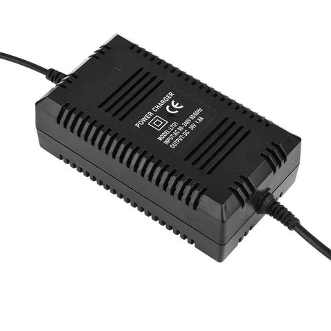 Black 36V Battery Charger with Automatic Battery Tracking and Auto Shutoff, featuring fast charging and PWM tech for scooters and bikes.
