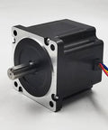 Front-side view of a NEMA 34 stepper motor with 80mm length, mounting flange, exposed shaft and wires.