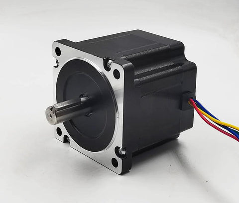 Front-side view of a NEMA 34 stepper motor with 80mm length, mounting flange, exposed shaft and wires.