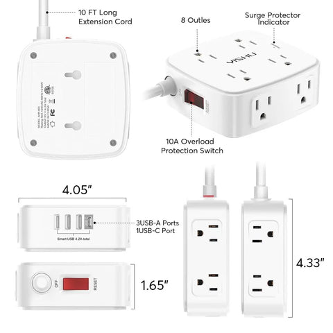 10 Foot Surge Protector Power Strip with 8 Wide AC Outlets and 4 USB Ports 3-Side Extender Built to Power Up Every Device, White