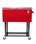 Side view of 80 Qt Rolling Cooler Ice Chest Cart With Bottle Opener And Bottom Shelf For Backyard Patio Parties Stores 70 Cans Or 50 Bottles Keeps Drinks Cold Up To 48 Hours Portable Red Beverage Chest with wheels