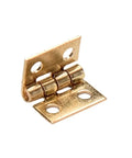 Close-up of a single hinge from the 20 Pack Mini Cabinet Door Hinges For Dollhouses And Small Wooden Boxes, gold finish.