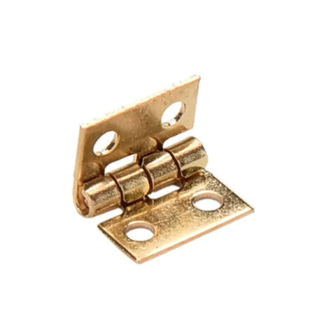 Close-up of a single hinge from the 20 Pack Mini Cabinet Door Hinges For Dollhouses And Small Wooden Boxes, gold finish.