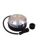 Electromagnetic brake for forklift equipment, silver metal housing with black cable, front view